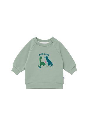 Light green toddler sweatshirt with ribbed cuffs and hem, featuring two cartoon dinosaurs and "DINO CLUB" text on the front.