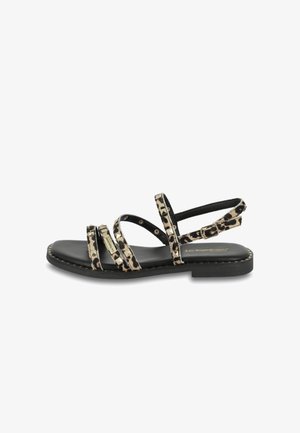 Sandalias planas con tiras de tela con estampado de leopardo y suela de cuero negro. Presentan detalles con tachuelas y hebilla ajustable para un ajuste seguro.