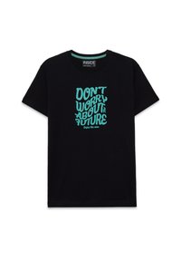 Camiseta de algodón negra con un diseño gráfico en turquesa que dice "NO TE PREOCUPES POR EL FUTURO. Disfruta del ahora."