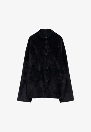 Black fuzzy button-up jacket with long sleeves and a round collar, displayed on a white background.