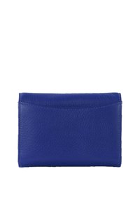 Blue leather wallet with a textured finish, rectangular shape, and a smooth closure. Features a subtle stitching detail along the edges.
