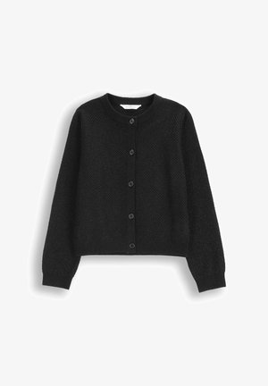 Czarny dziergany kardigan z okrągłym dekoltem, długimi rękawami oraz zapinany z przodu na guziki, wykonany z teksturowanej tkaniny z prążkowanymi akcentami.