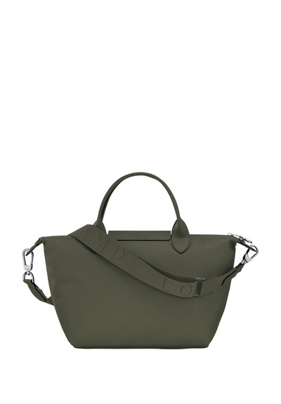 Green nylon bag with dual handles. Features a removable strap with embossed logo, silver hardware, and a structured silhouette.