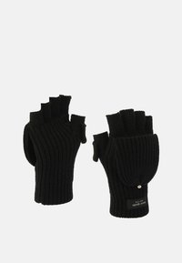 Svarta fingerlösa handskar tillverkade av ribbat stickat tyg, med en rundad mudd och en liten logotypetikett på sidan. Texturerad och varm design.