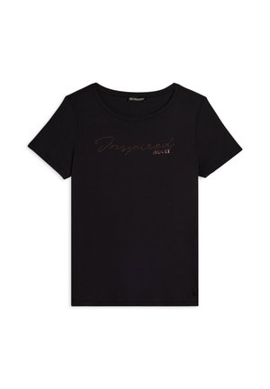 T-shirt nera a maniche corte realizzata in morbido cotone con scollo rotondo. Testo "Inspired Heart" in rosa dorato metallizzato sul davanti.