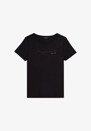 T-shirt nera a maniche corte realizzata in morbido cotone con scollo rotondo. Testo "Inspired Heart" in rosa dorato metallizzato sul davanti.