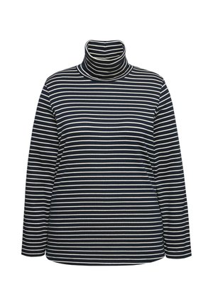 Gestreiftes Turtleneck-Oberteil in Marineblau und Creme mit langen Ärmeln, gerippter Textur und taillierter Passform. Dehnbare Stoffqualität für Komfort und Bewegungsfreiheit.