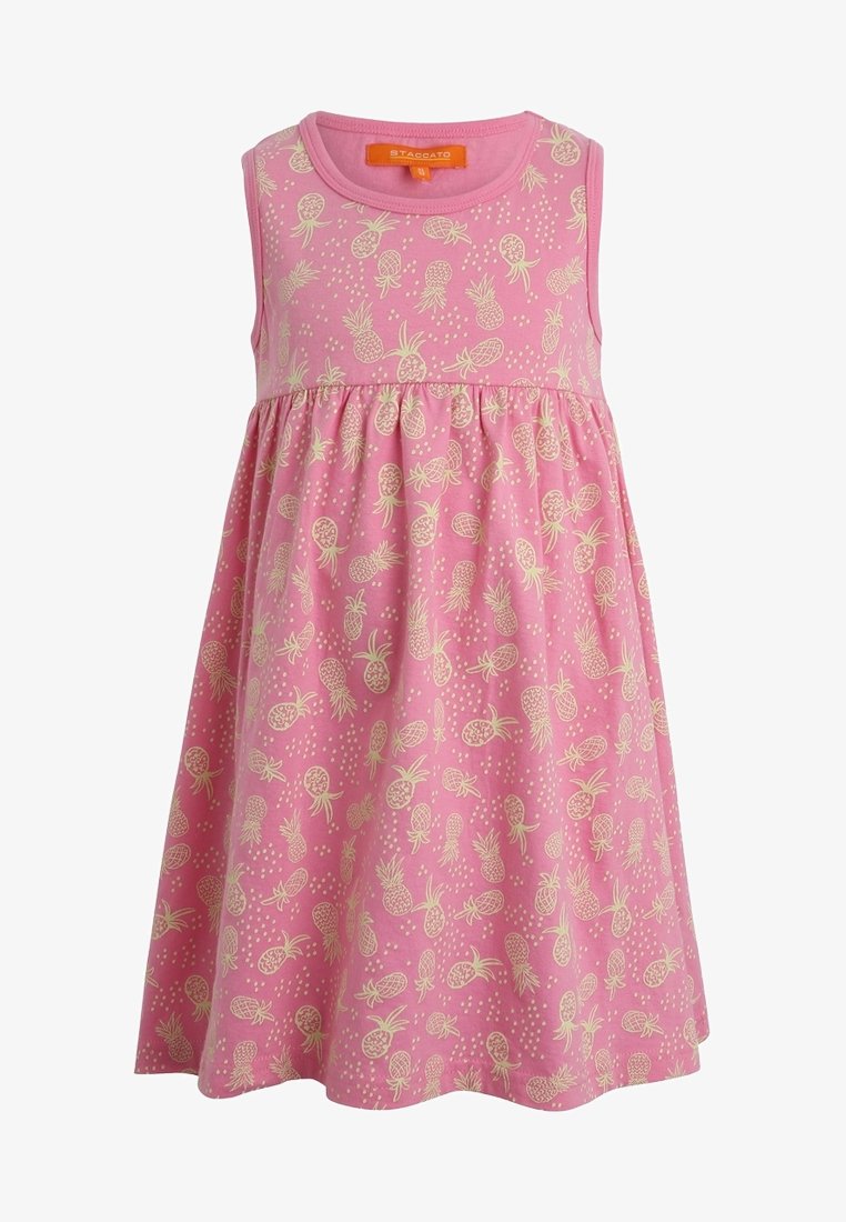 Robe rose sans manches pour fille, avec motif ananas jaune et taille froncée, étiquetée Staccato taille 116.