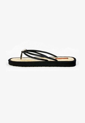 Black flip-flop with textured straw insole and rubber outsole. Features three thin straps and a metallic accent at the toe post.