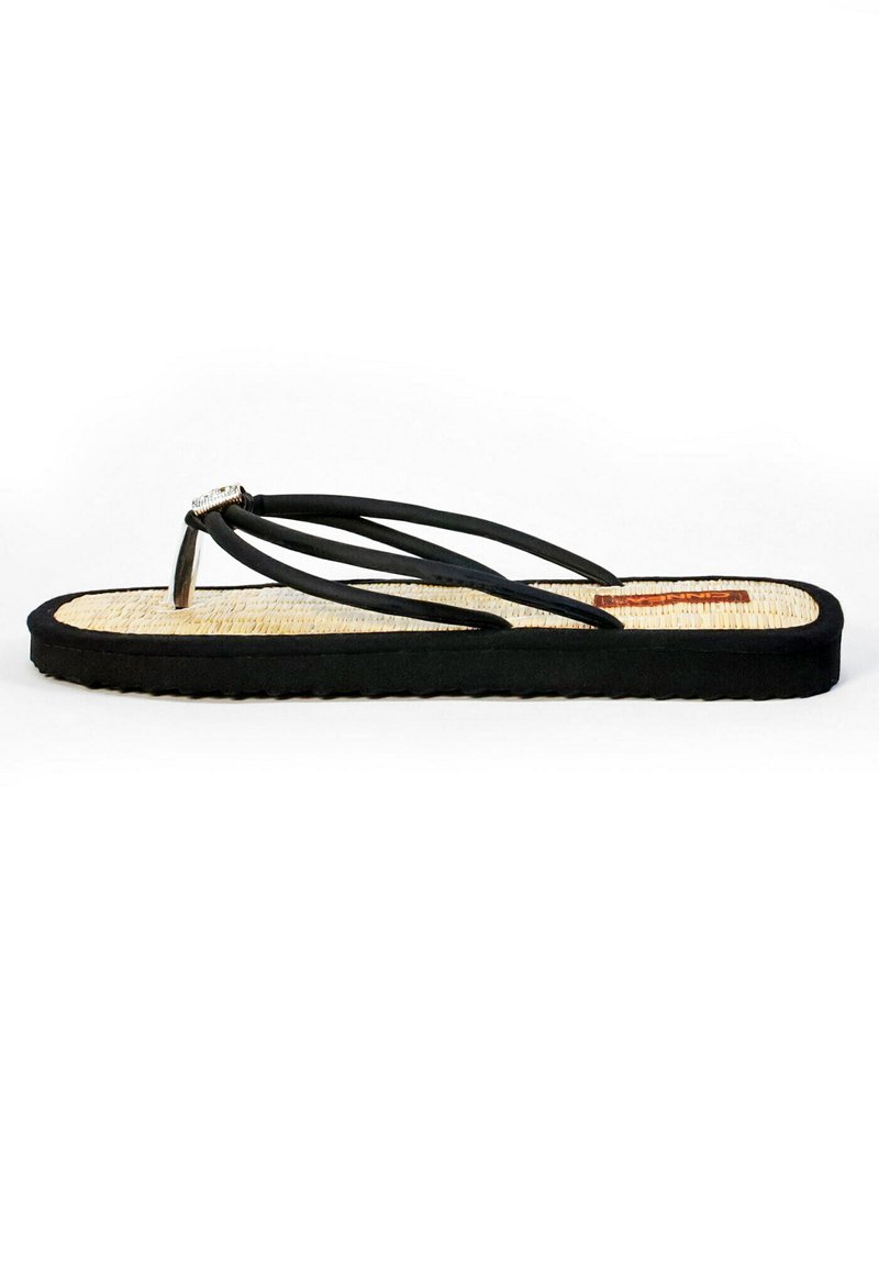 Black flip-flop with textured straw insole and rubber outsole. Features three thin straps and a metallic accent at the toe post.