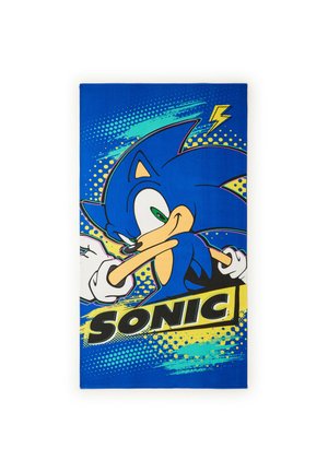Asciugamano di cotone blu con grafica di Sonic the Hedgehog, testo giallo audace e uno sfondo dinamico di spruzzi blu e verde.