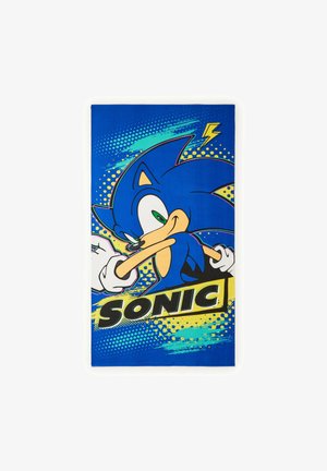 Asciugamano di cotone blu con grafica di Sonic the Hedgehog, testo giallo audace e uno sfondo dinamico di spruzzi blu e verde.