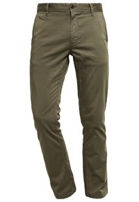 Olivegröna byxor i bomullsmix med rak passform. Har knäppning med knapp, framfickor och förstärkta sömmar för hållbarhet.