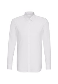 Witte langekleurige blouse gemaakt van soepele stof, met een klassieke kraag en een knoopsluiting aan de voorkant. Eenvoudig ontwerp zonder patronen of accenten.