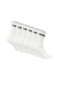 Calzini bianchi a crew in cotone misto, con bordi a coste e logo "VANS" nero. Include un totale di cinque paia.