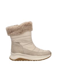 Botín de invierno beige con puño de piel sintética, parte superior de tejido acolchado, suela de goma texturizada y logo de la marca en el lado del talón.