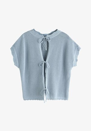 Hele sinine lühikeste varrukatega kampsun, millel on ees kolm lipsuga kinnitust ja tekstuuriga õhuline kudumismuster.