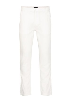 White cotton chinos with a straight leg design, featuring front pockets and a button closure. Smooth texture with a versatile fit.
