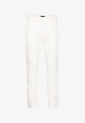 Weiße Baumwollchinos im geraden Schnitt, mit Fronttaschen und Knopfverschluss. Glatte Textur mit vielseitiger Passform.