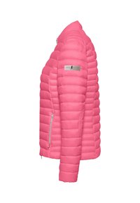 Różowa kurtka puchowa z pikowanym wzorem, bocznymi kieszeniami na zamek błyskawiczny oraz srebrnym akcentem logo na klatce piersiowej. Gładka faktura.
