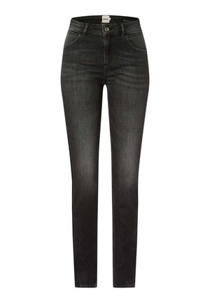 Jeans skinny neri a vita alta con tasche anteriori e posteriori, chiusura con bottone e dettagli sbiaditi sui fianchi e sulle ginocchia.