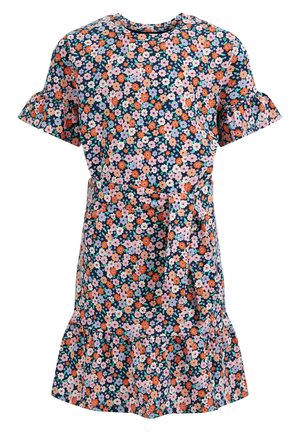 Kurzärmliges Kleid mit orange-, rosa-, blau- und weißem Blumenmuster, gerafftem Saum und Ärmeln sowie passendem Stoffgürtel in der Taille.