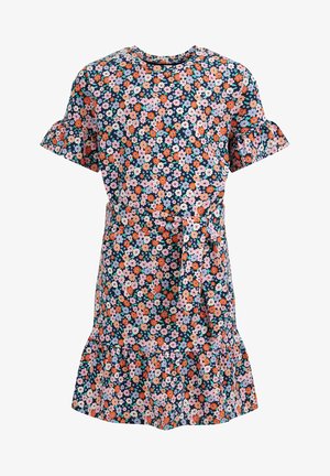Kortærmet kjole med orange, pink, blå og hvidt blomsterprint, flæsekant på skørtet og ærmerne samt matchende stofbælte i taljen.