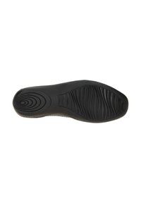 Black rubber shoe sole with a wave pattern and circular accent, featuring textured treads for grip and stability. Flat, streamlined design.