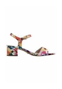 Bloemenpatroon hoge hak sandalen hebben een brede teengreep, enkelband en een blokhak. Kleuren zijn roze, oranje, blauw en geel.