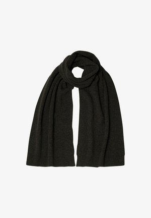 Bufanda de lana de color gris oscuro con relieve, que presenta una textura suave y un diseño drapeado, con una longitud adecuada para envolver o superponer.