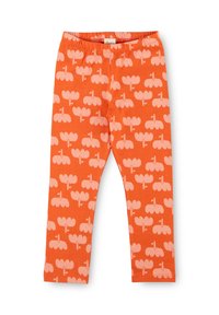Orange leggings made of soft cotton, featuring a repeating pattern of light pink flower shapes and a comfortable elastic waistband.