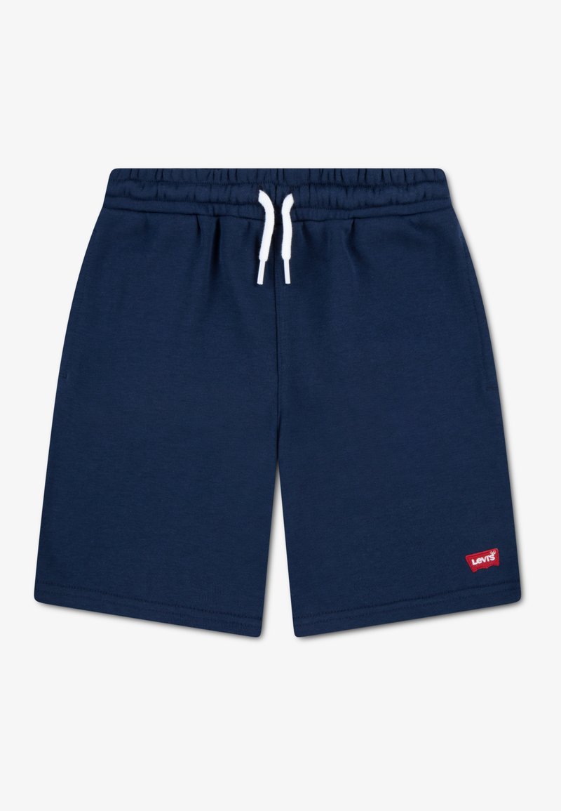 Shorts en coton bleu marine avec une ceinture élastique, un cordon blanc et un petit logo Levi's rouge en bas à gauche.