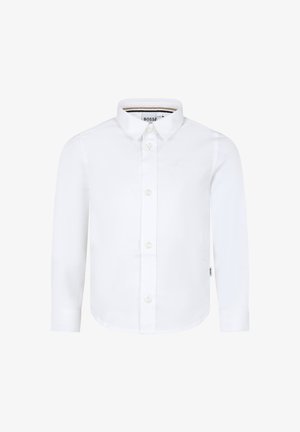 Chemise blanche à manches longues avec col boutonné, présentant un subtil logo brodé et une fermeture à boutons standard. Tissu en coton lisse.