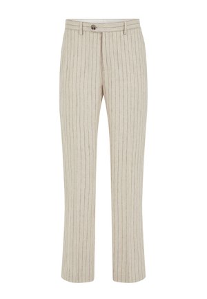 Pantaloni bej cu croială dreaptă, dungi subțiri verticale negre, bucle pentru curea, închidere cu nasture și fermoar frontal.