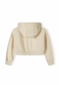 Sudadera recortada en beige claro, hecha de tela suave, cuenta con una capucha, dobladillo acanalado y mangas con puños de textura suave.