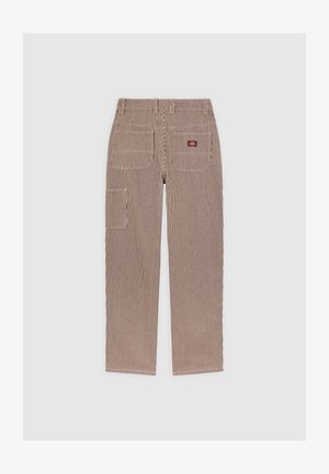 Gestreepte bruin-witte broek met een rechte snit, voorzien van twee voorzakken en twee achterzakken, gemaakt van een duurzame stof.