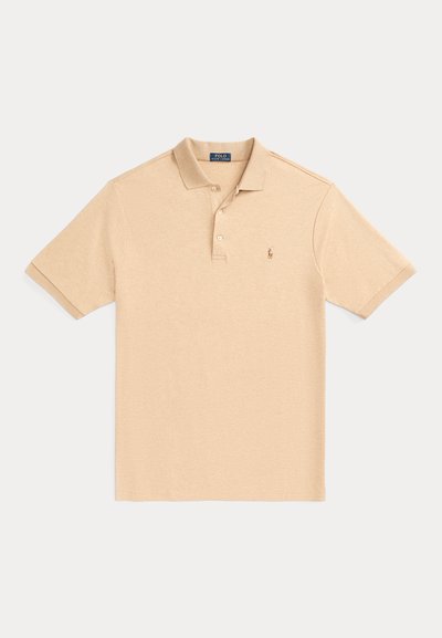 Beige short-sleeve polo shirt with collar, two-button placket, and small embroidered logo on left chest.