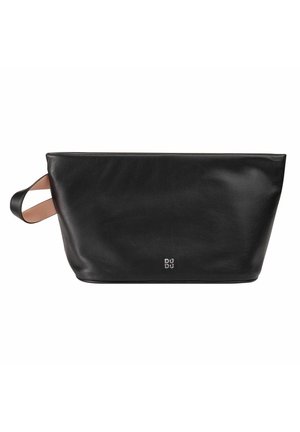 Borsa tote in pelle nera con una superficie liscia, forma rettangolare ampia, dettagli minimi e manico in pelle beige. Presenta il logo del marchio sulla base.
