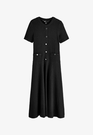 Zwarte textuur midi-jurk met korte mouwen, ronde hals, knoopsluiting aan de voorkant en twee kleine knoopzakken in de taille.