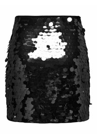 Mini falda negra cubierta de lentejuelas circulares, con una textura suave y un diseño ajustado. Acentuada con una cinturilla y cierre de cremallera.