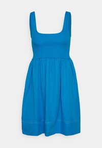 Blaues Baumwollkleid mit quadratischem Ausschnitt, tailliertem Oberteil und einem gerafften, ausgestellten Rock. Mit sauberem Saum und dezenten Nahtdetails.