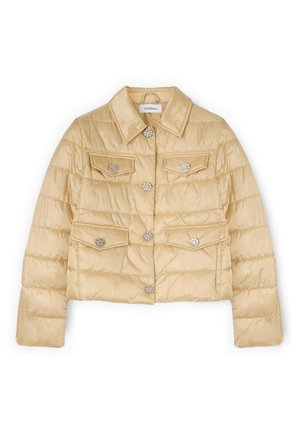 Beżowa pikowana kurtka z czterema przednimi kieszeniami i ozdobnymi guzikami z kamieniami, z klasycznym kołnierzem i długimi rękawami.