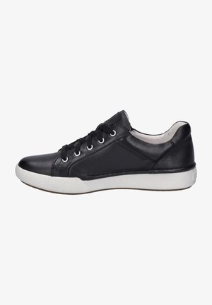 Zwarte leren sneaker met witte rubberen zool, ronde neus, contrasterende stiksels en vetersluiting. Getextureerde zijpanelen voegen detail toe.