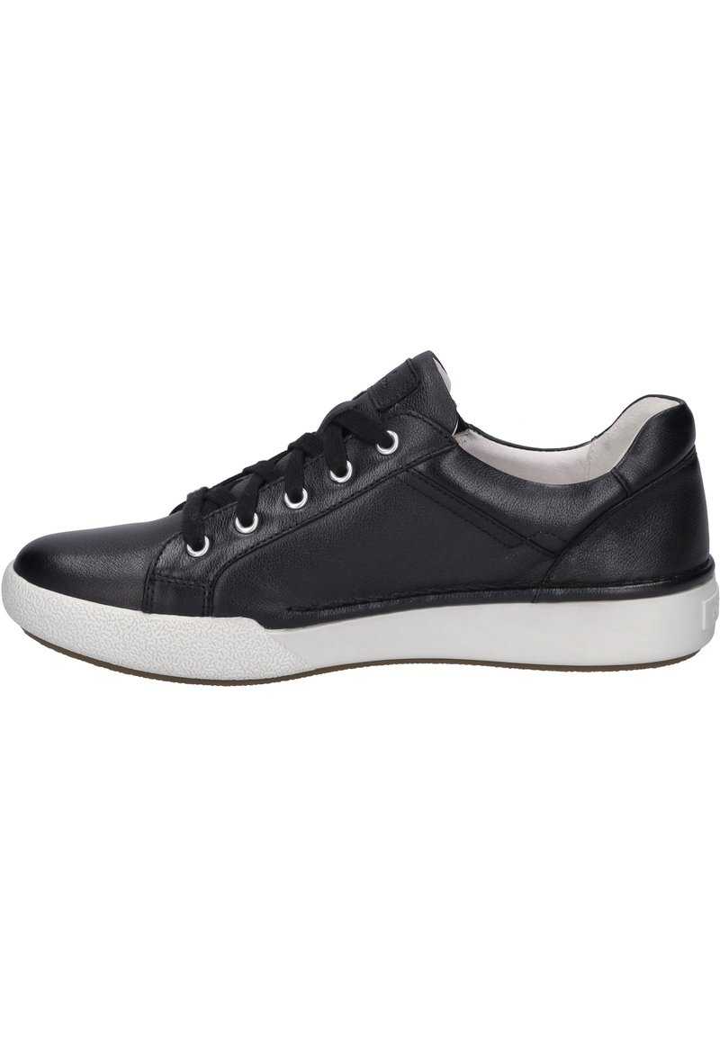 Baskets en cuir noir avec semelle en caoutchouc blanc, bout rond, couture contrastante et fermeture à lacets. Les panneaux latéraux texturés ajoutent des détails.