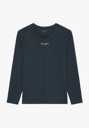 Navyblauwe katoenen t-shirt met lange mouwen, ronde hals en een klein wit tekstlogo in het midden. Glad materiaal, rechte snit.