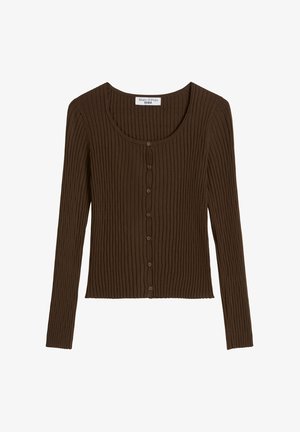 Brauner, gerippter Cardigan mit langen Ärmeln, Rundhalsausschnitt und sieben Knöpfen in der Mitte vorne.