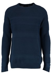 Navyblaues Sweatshirt aus strukturiertem Strickstoff mit horizontalen Streifen, rundem Ausschnitt und gerippten Bündchen und Saum. Logosticker am unteren Ende.