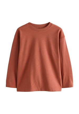 Rostfarbendes Langarm-T-Shirt mit Rundhals-Ausschnitt, entspanntem Schnitt und geripptem Kragen, vor einem weißen Hintergrund präsentiert.