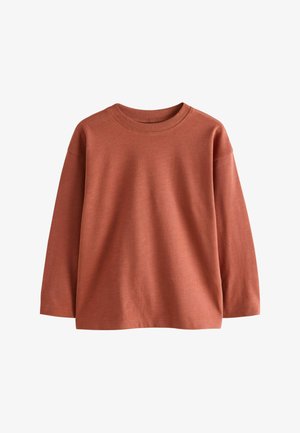 Rostfarbendes Langarm-T-Shirt mit Rundhals-Ausschnitt, entspanntem Schnitt und geripptem Kragen, vor einem weißen Hintergrund präsentiert.
