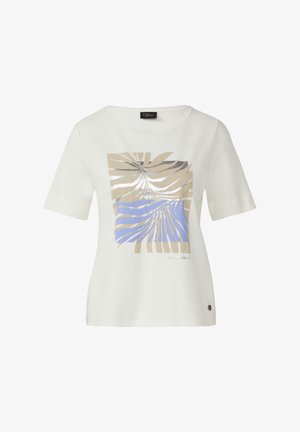 T-shirt en coton blanc avec un design graphique carré présentant des motifs de feuilles beiges, argentés et bleus. Manches courtes et col rond.